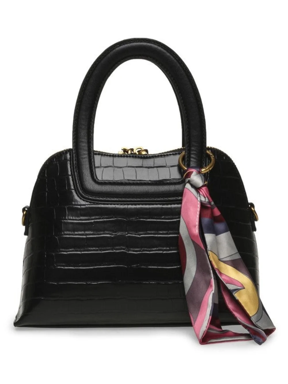 Steve Madden Black Croc-Embossed Top-Handle Satchel with Pink Multi-Color Scarf